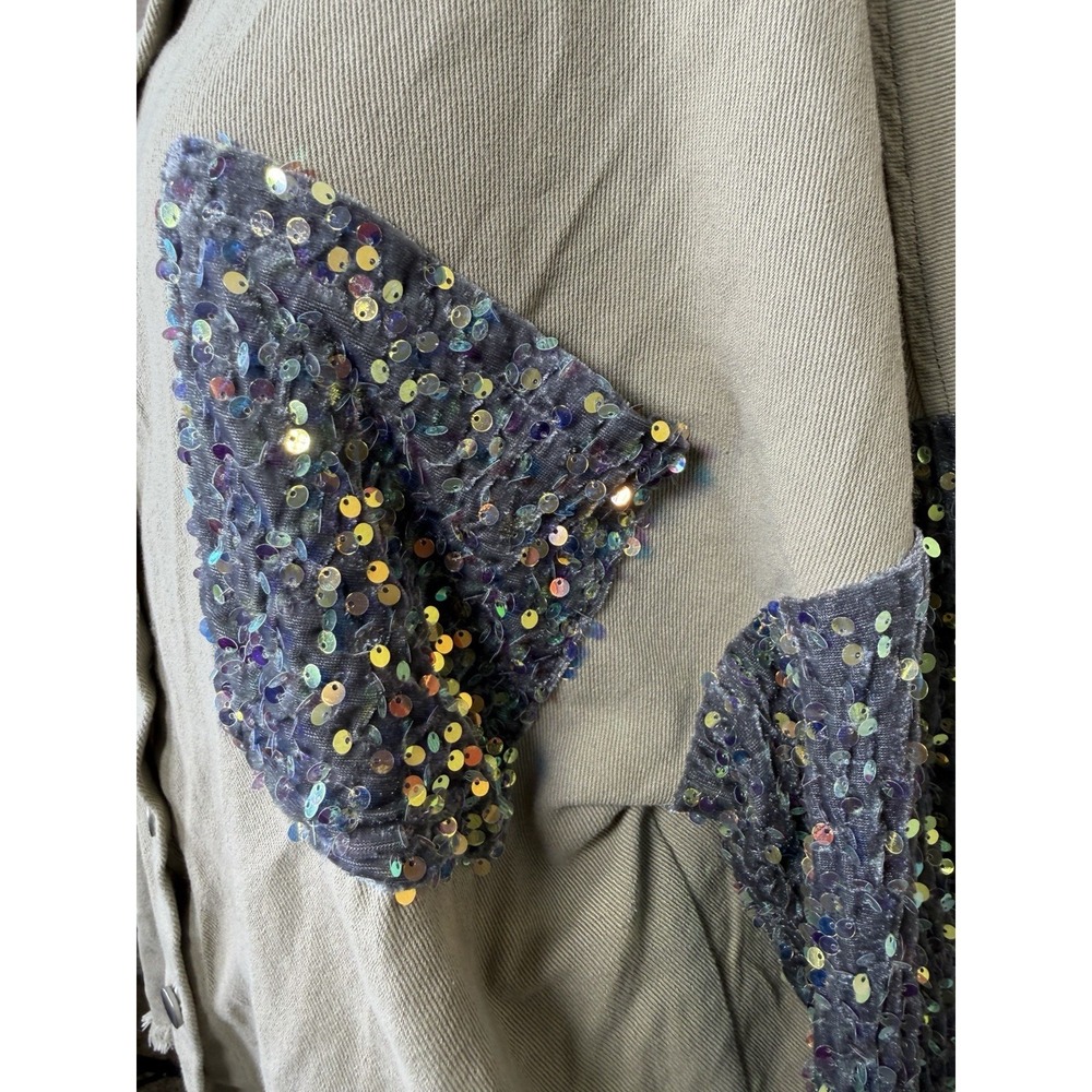 CHICME Sequin Patch Shacket Jacket Large Beige Frayed Edge Oversized Boho - Picture 4 of 6